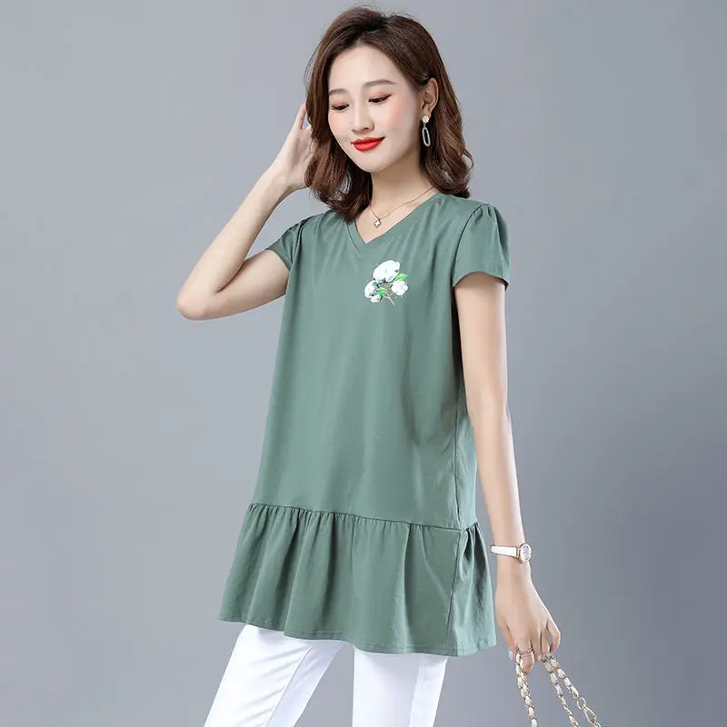 Women's Clothing 2023 Summer Pullovers Patchwork Short Sleeve Solid V-neck Loose Long New Fashion Casual New Pleated T-Shirts