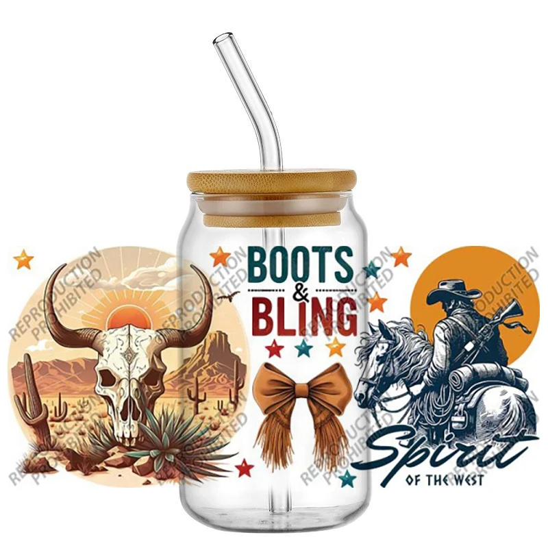 New West Cowboy Boots&Bling Painting Art 16oz UV DTF 3D  Sticker Decals Wraps Glass Can Cups Creative Craft DIY Gifts