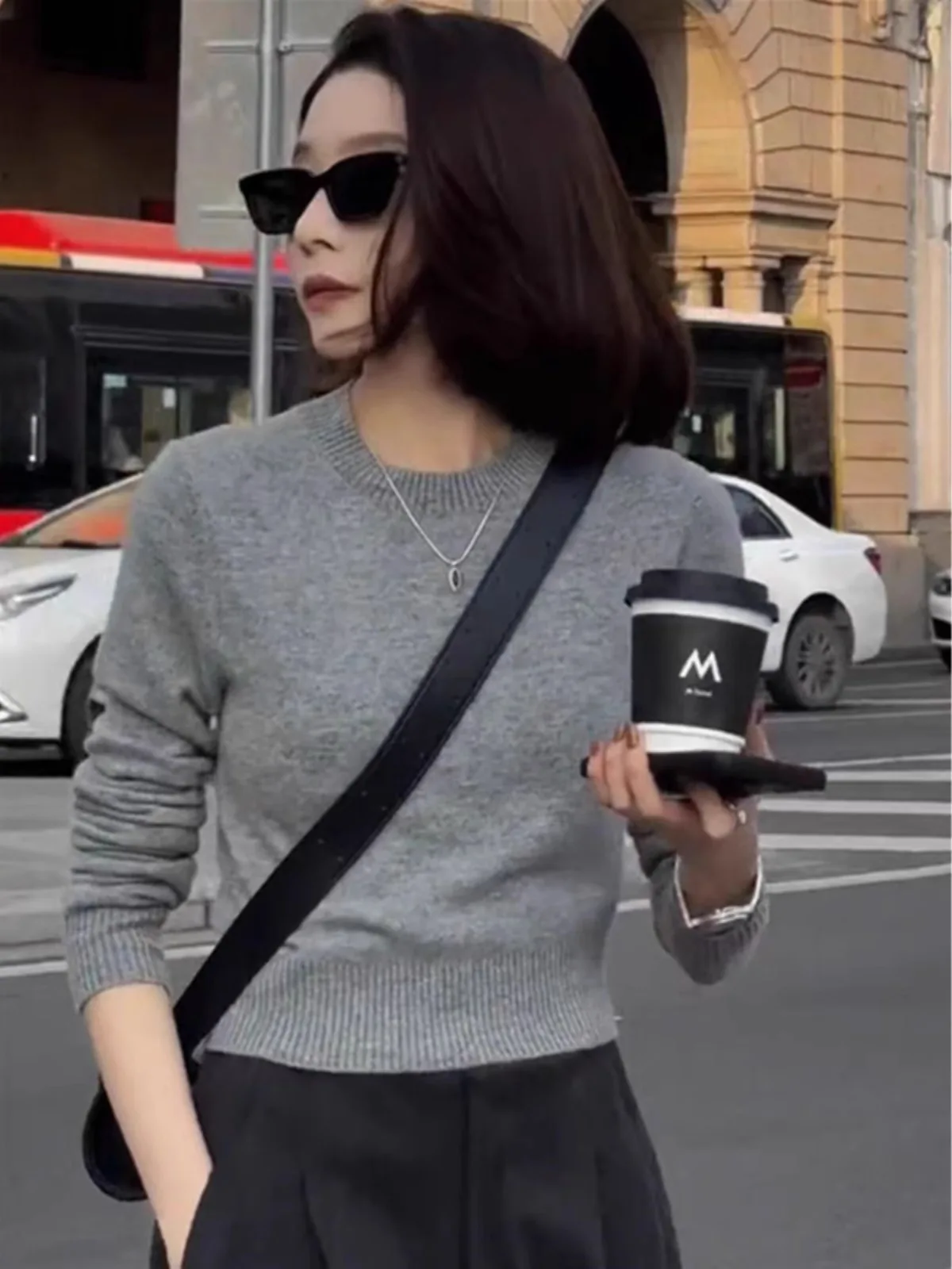 French style simple loose short cashmere sweater women spring and autumn small crewneck sweater pure wool base shirt