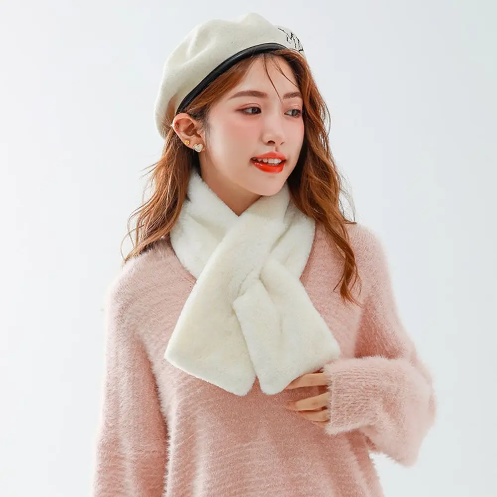 Women Winter Warm Thicken Cross Collar Scarf  Solid Color Faux Rabbit Fur Plush Elegant Shawl Scarfs