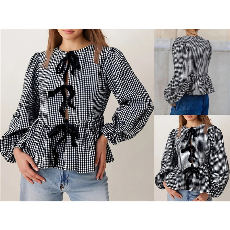 Top scozzesi casual autunnali da donna Manica lunga Girocollo Cravatta sul davanti T-shirt babydoll Camicie e camicette da donna Top femminile elegante