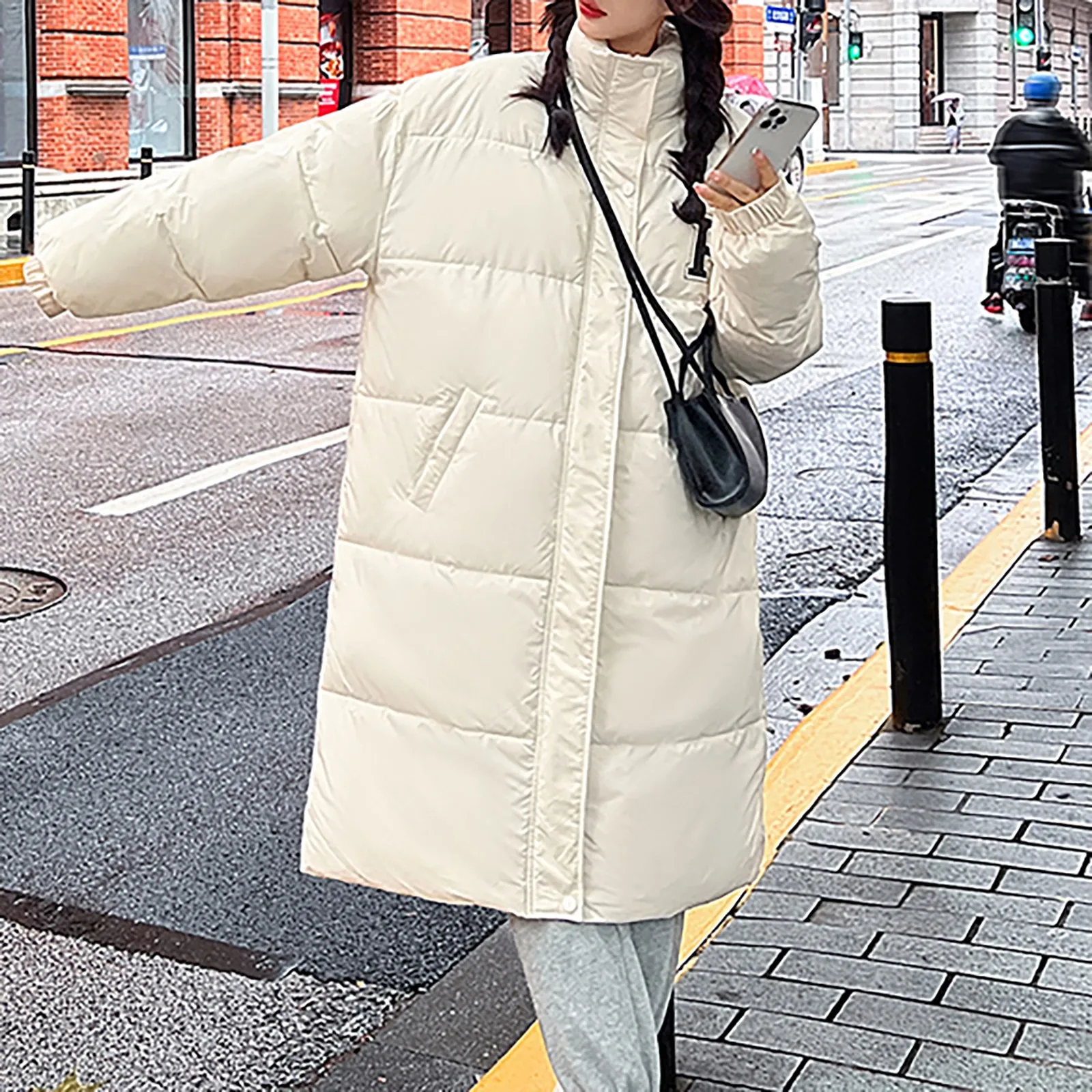 Women Trendy Quilted Puffer Oversized Top Casual Padded Jacket Med Long Warm Sweater Thick Windproof Bread Coat Winter Outerwear