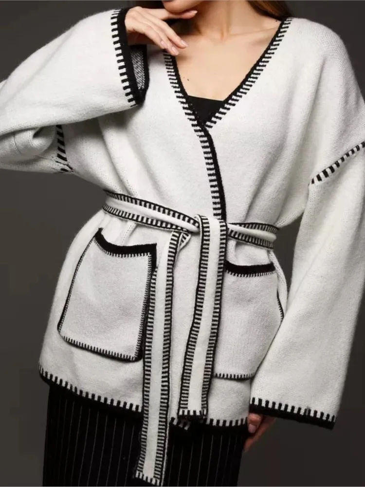 

Fashion Knit Sweater Coat Lady Casual Patchwork Long Sleeve V Neck Lace-up Loose Sweaters Tops Women Autumn Winter Clothes New