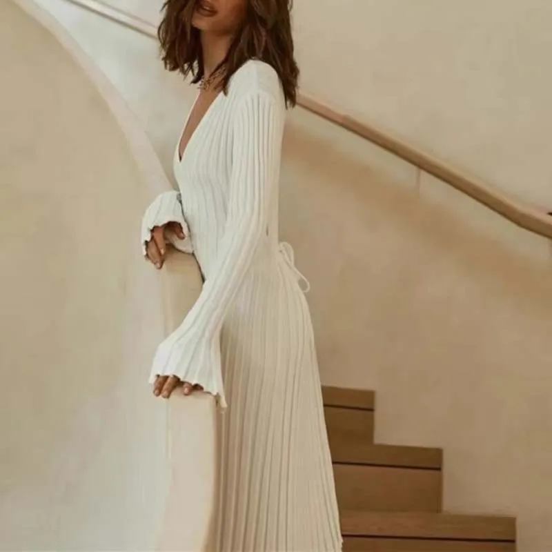 Women's Sexy Ribbed Knit Sweater Dress Casual Long Sleeve V Neck Bodycon Pleated A Line Long Dress Streetwear