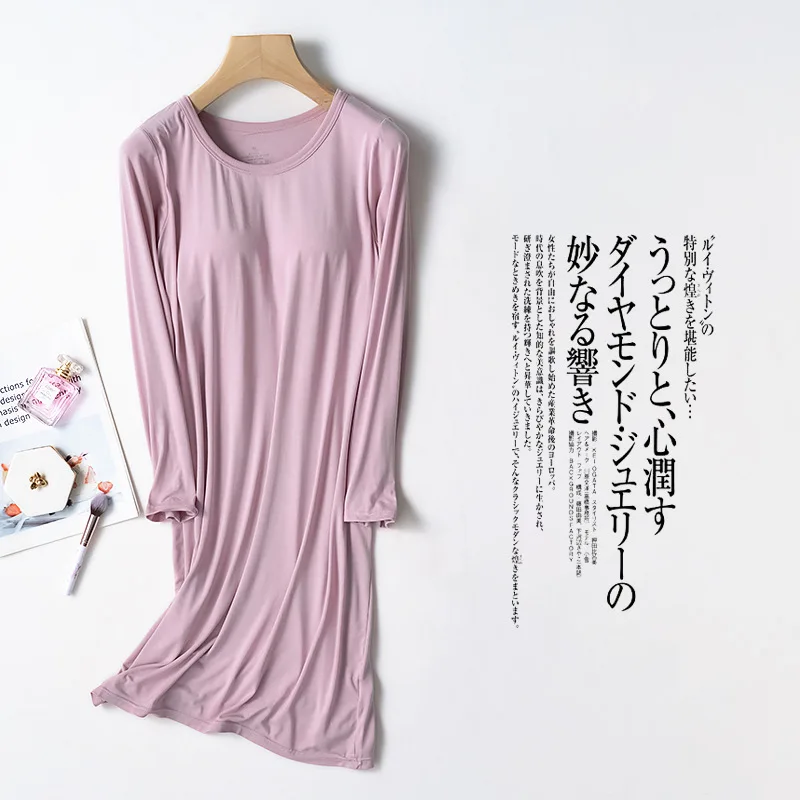 Summer New Ladies' Long Nightdress Women's Full-sleeved Skirt with Chest Pad, Mid-length Plus Size Home Loungewear Nightdress 2