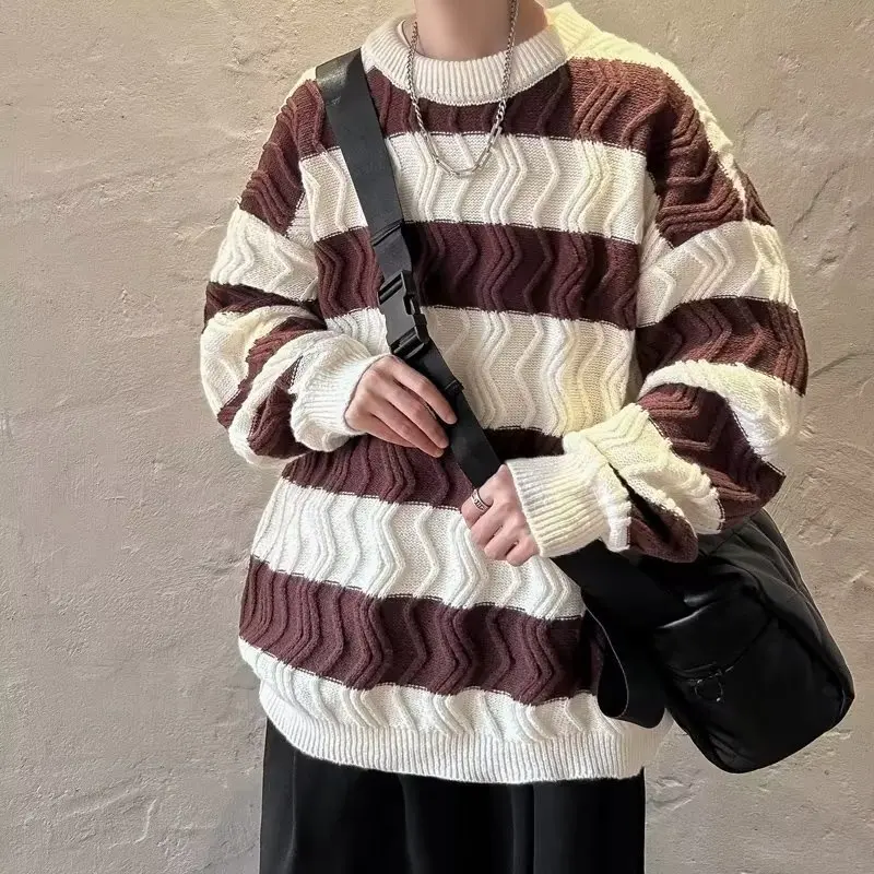 Loose Striped Knitted Sweater for Boys Students Casual Autumn Winter Faion Polyester Fiber Long Sve round Ne Top