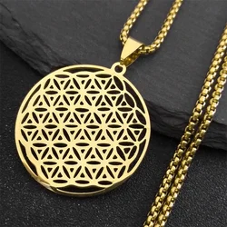 Flower of Life Stainless Steel Long Necklace for Women Men Gold Color Mandala Metatron Necklaces Jewelry collares para mujer