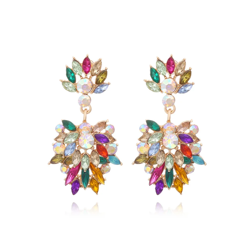 Fashion light luxury style super flash diamond flower earrings women's personality alloy inlaid with diamond earrings