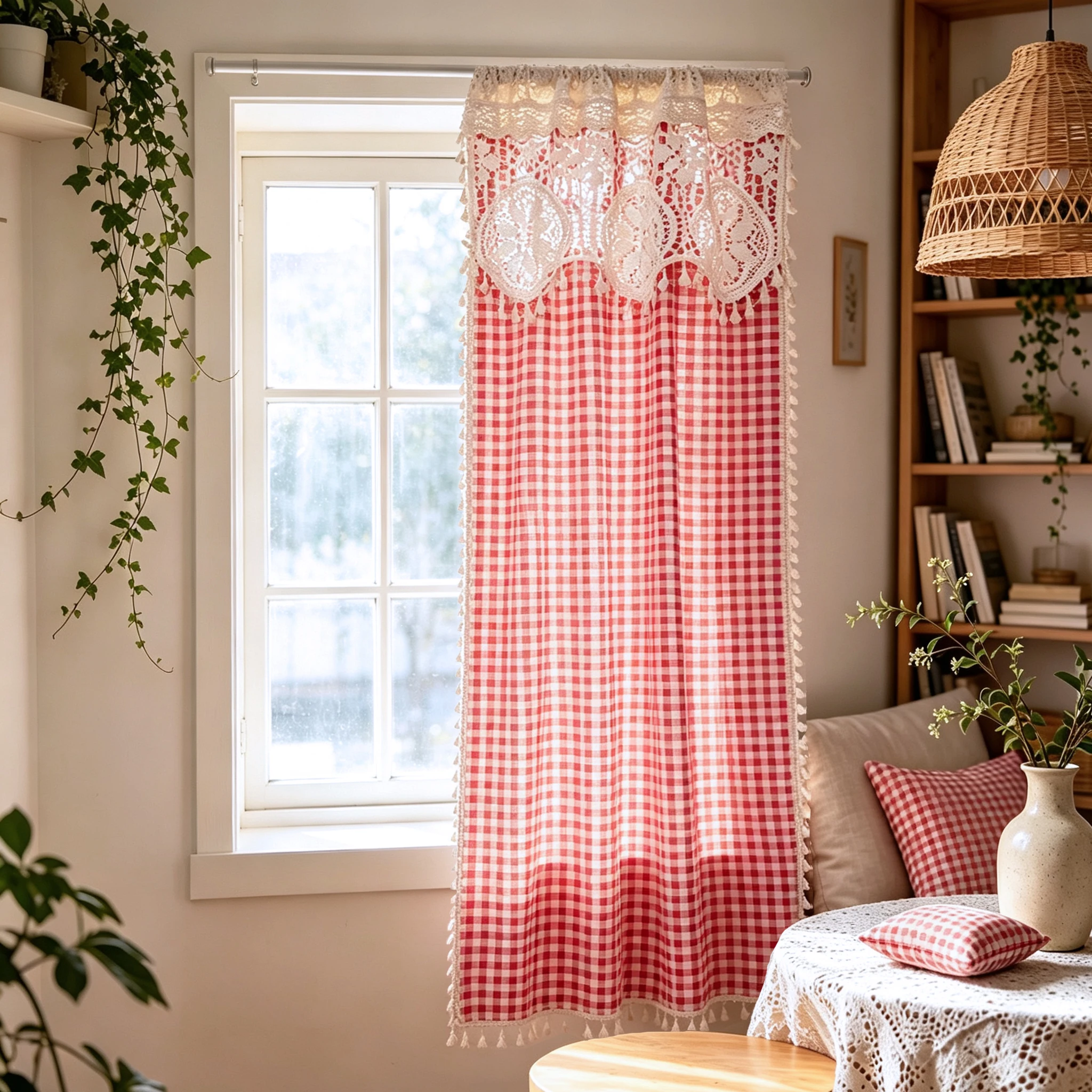 Crochet Lace Tier Checkered Curtains with Tassel Trim Semi Sheer Privacy Coffee Curtains for Kitchen Cottage Vacation Home Decor