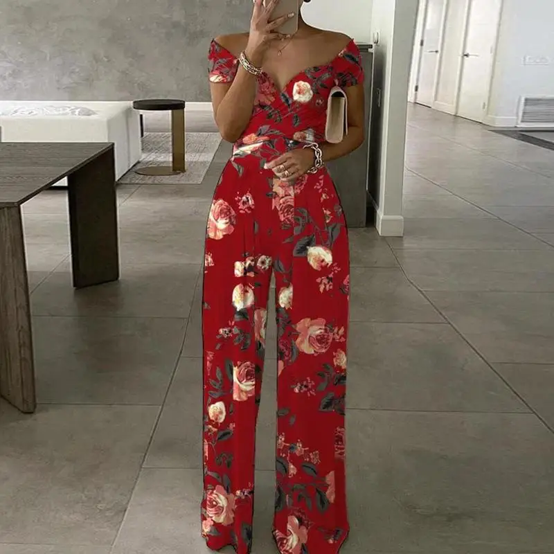 Casual Summer Jumpsuit Sexy V Neck Slim Fit Jumpsuits Women Rompers Printing One Shoulder Overalls Playsuits Roupas Femininas