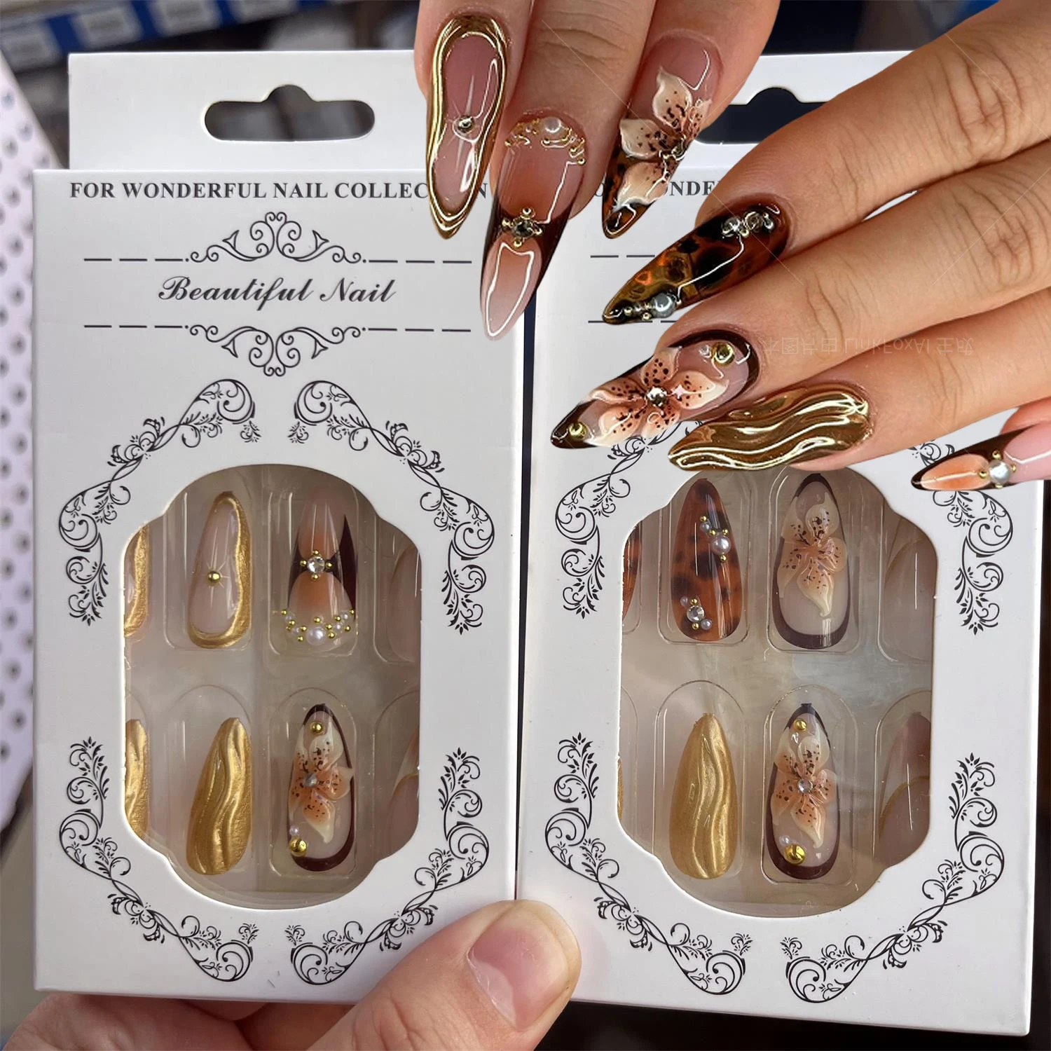 24pcs Brown Ice Lily Flower Press-On Nails Y2K Long Almond Shaped Fake Nails Hand-Painted Embossed DIY Lily Floral Nail Supplies