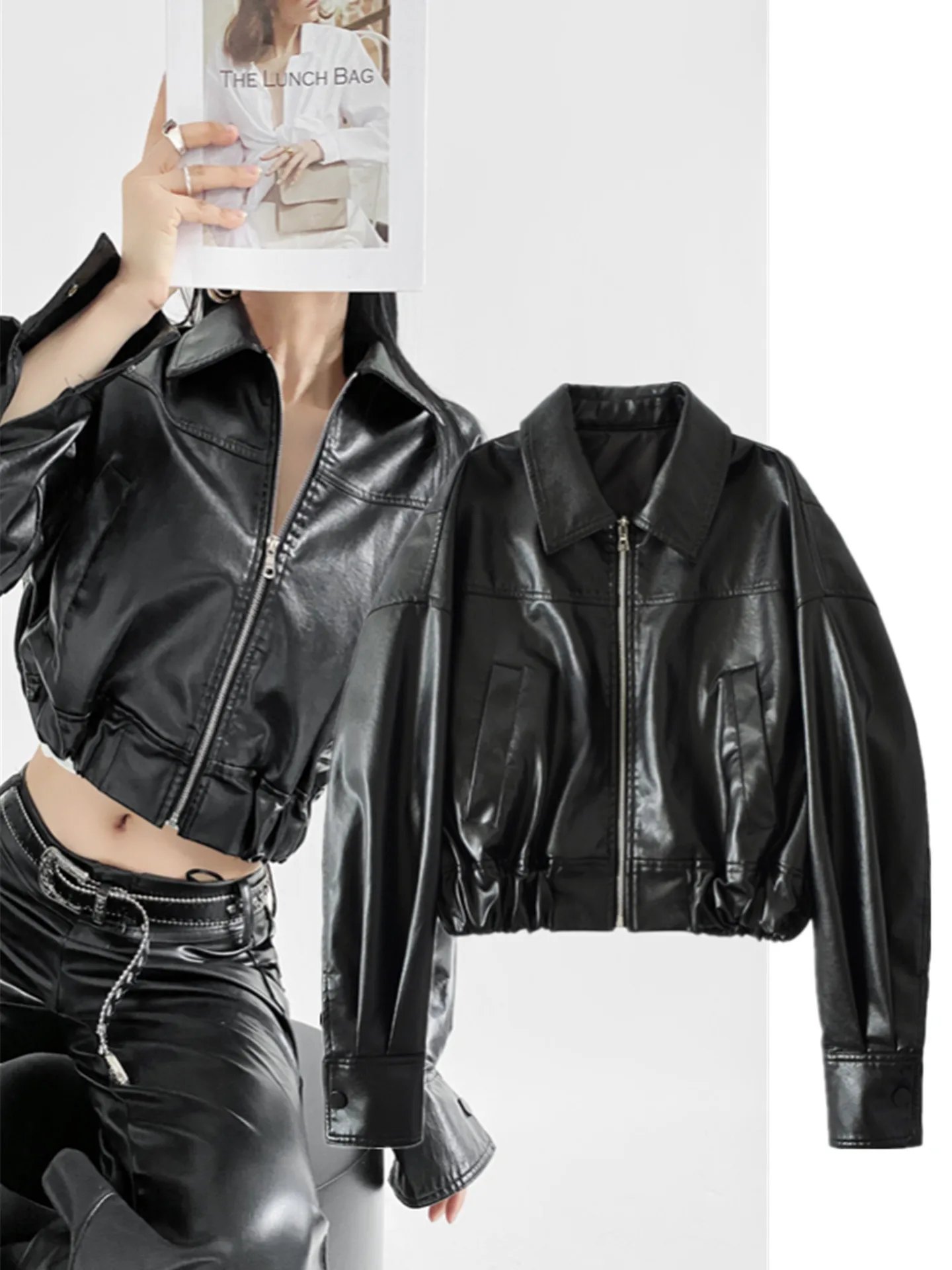 

Кожаная куртка Kendall Black с воротником-стойкой на молнии, укороченная, в уличном стиле, элегантная, индивидуальная, американская, модная верхняя одежда