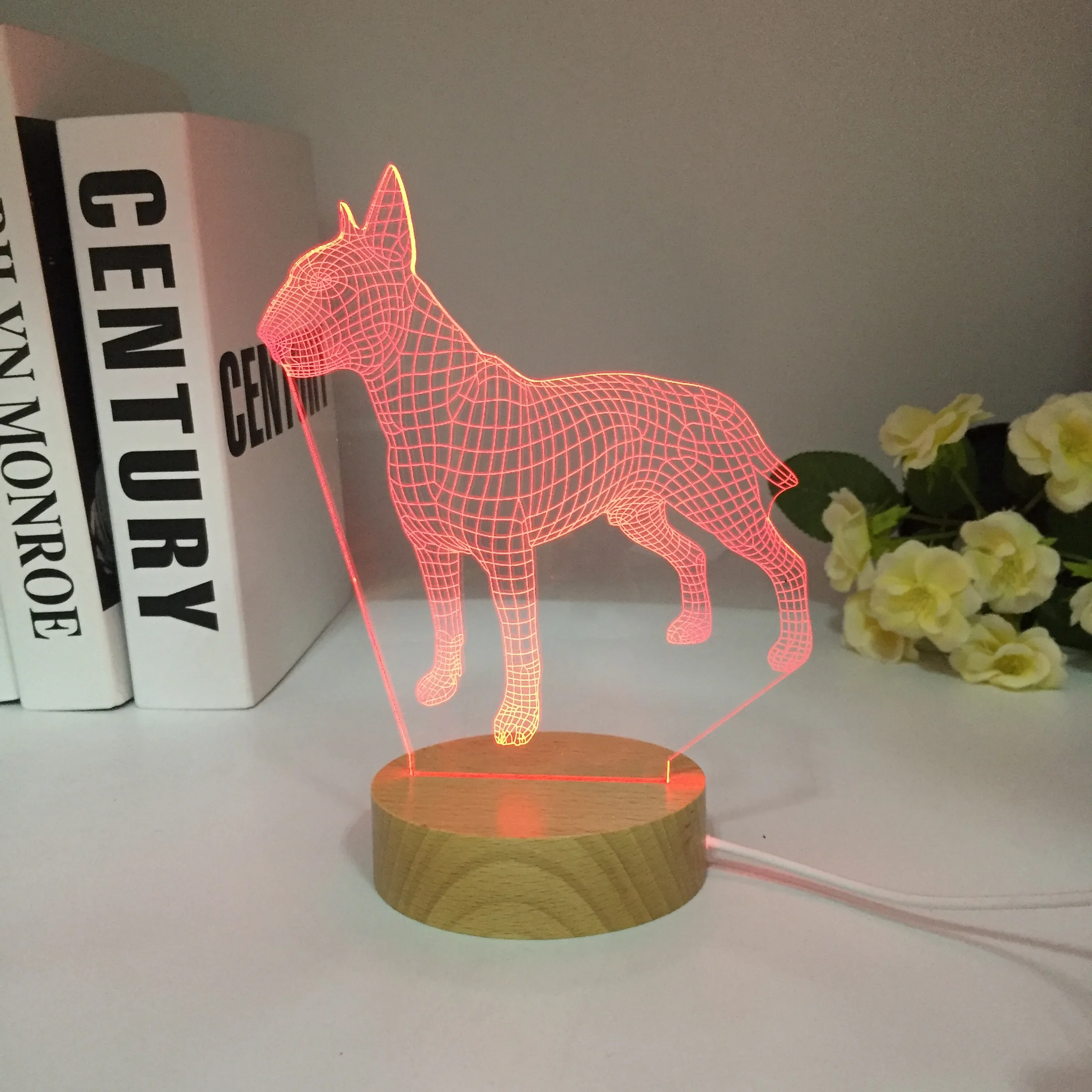 Wooden Bull Terrier Dog 3D Lampen 7 Colors USB Night Lamp LED for Kids Birthday Creative Bedside Decor Gift Free Dropshipping