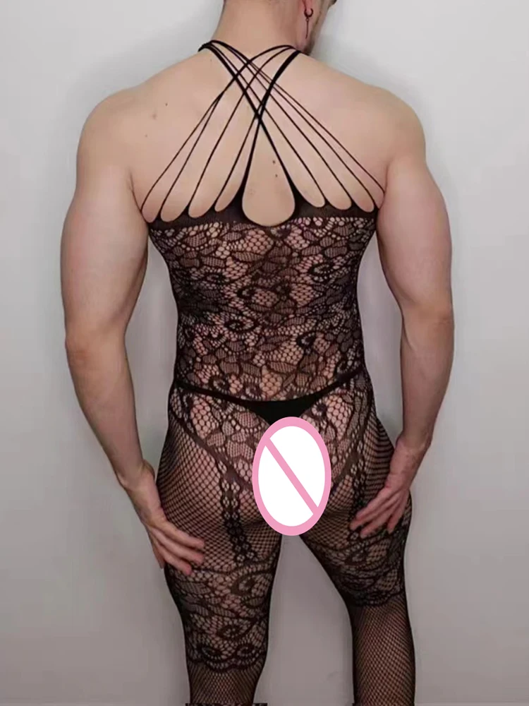 Men Crotchless Bodysuits Transparent Bodystocking Gay Sex Male Body Suit Open Bra Outfits Erotic Costumes Sexy Fishnet Lingerie