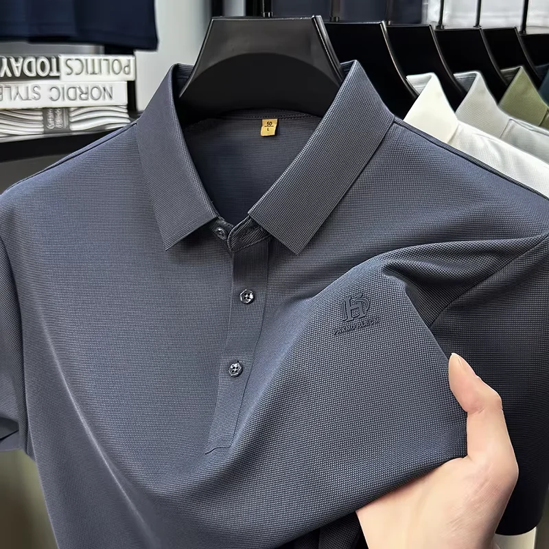 

High end brand short sleeve polo shirt exquisite letter emboss waffle design solid color comfort breathable fashion men's wear