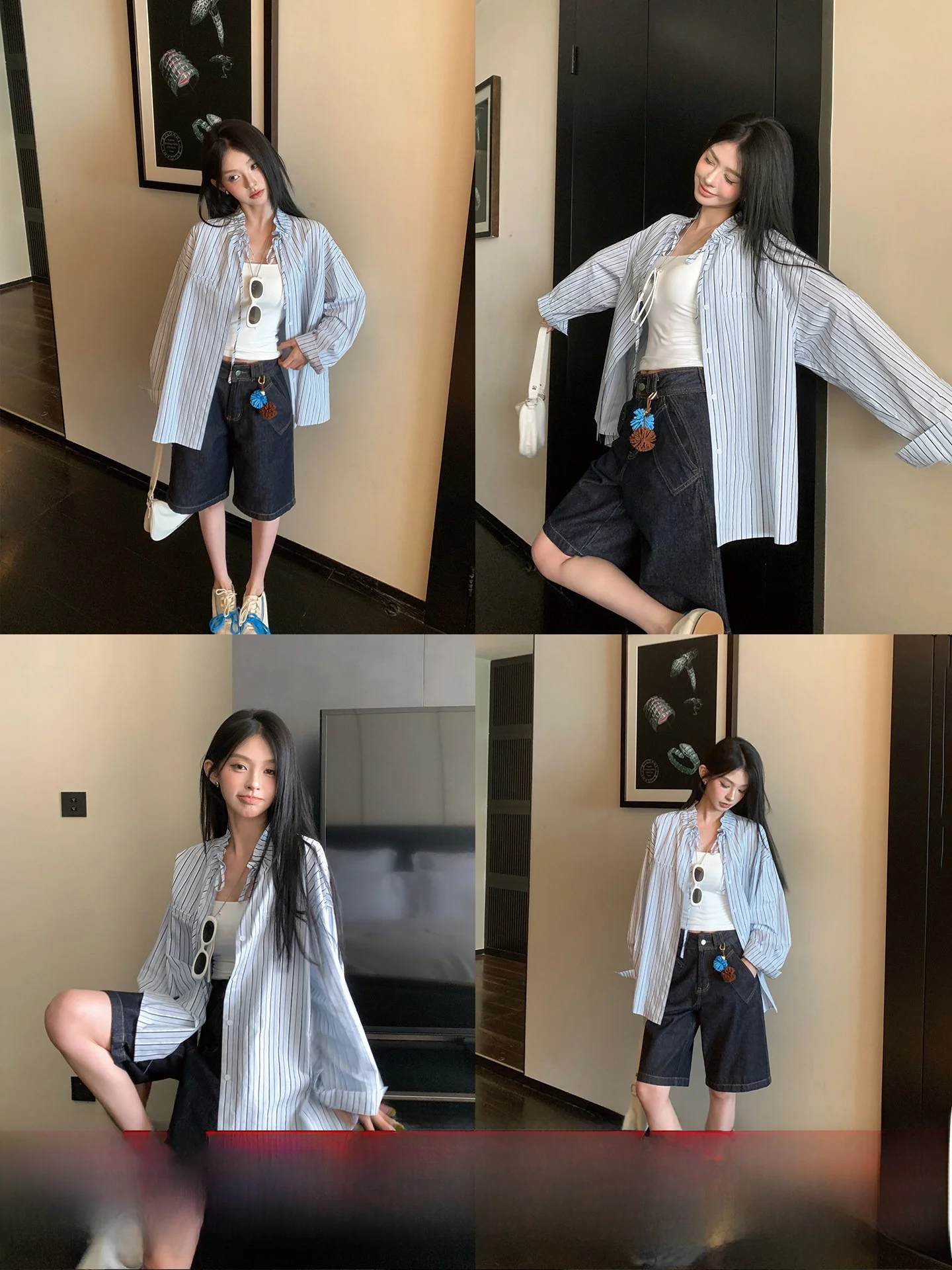 

Okaaay Classic Vertical Stripes Loose Fit Women's Summer Design Sensation Long Sve Sun Protection irt Korean Sle Commute