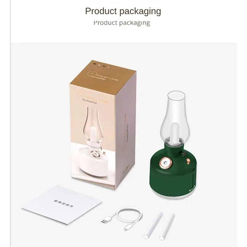 AA19 Retro Coal Oil Lamp Model LED Night Light Mute Mist Maker USB Rechargeable Wireless Mini Air Humidifier for Car A