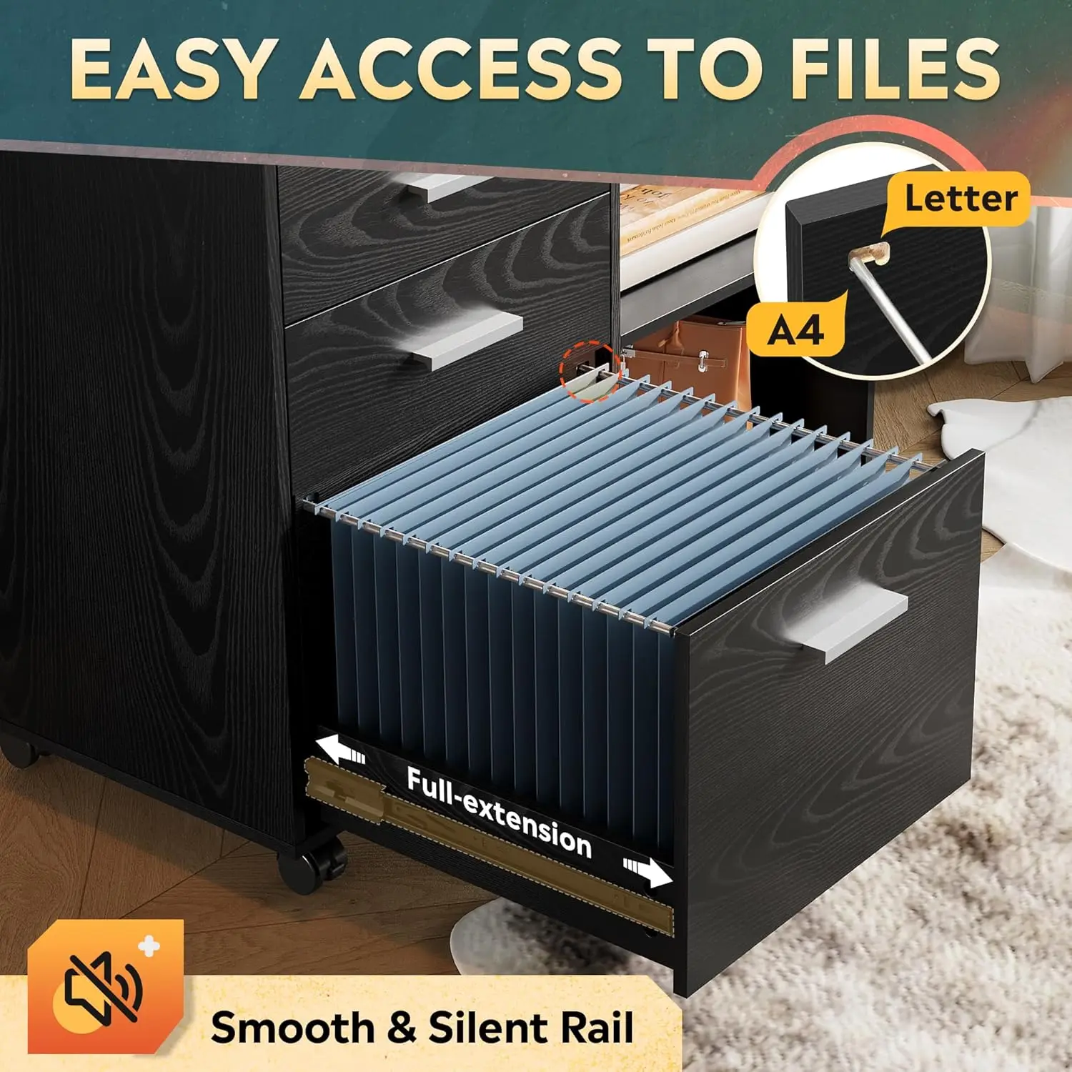 خزانة ملفات متنقلة ذات 3 أدراج، خزانة ملفات جانبية خشبية، حامل طابعة مع أرفف مفتوحة للمكتب المنزلي، أسود #5