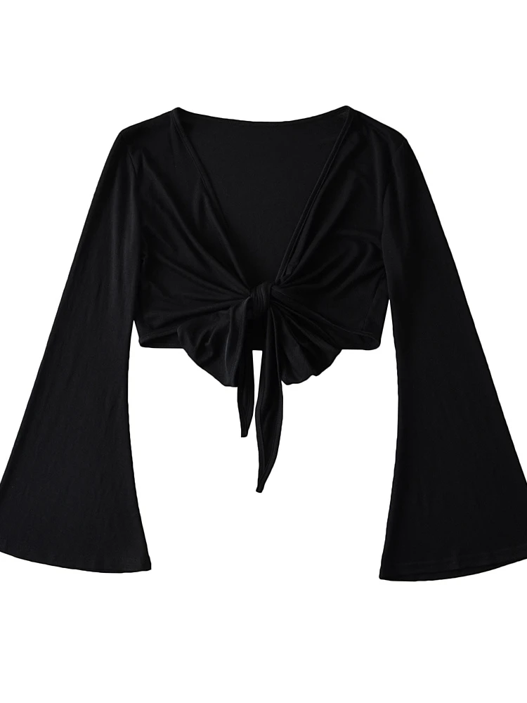 Street Style Sexy Thin Sun Protection Jacket Loose Short Pure Color Bell Sleeve Open Cardigan Ladylike Commute Style V-neck T...
