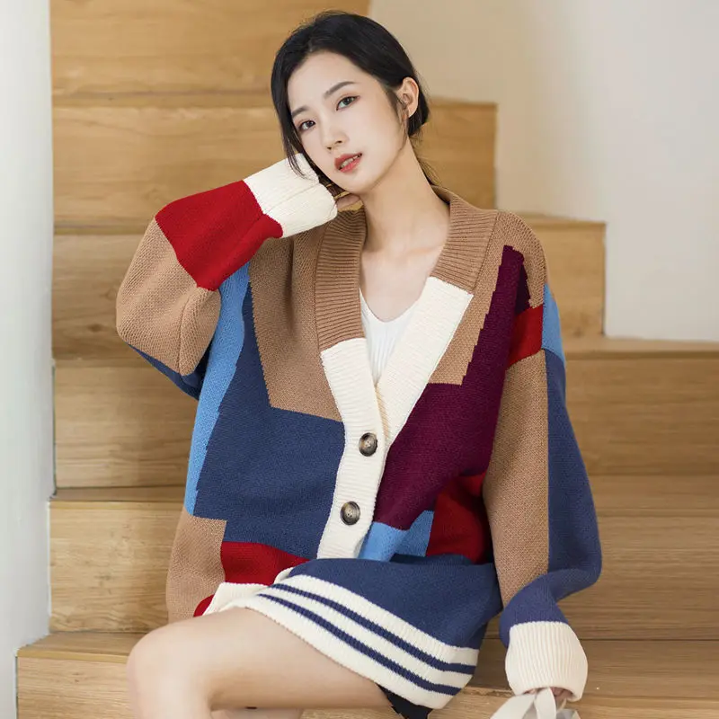 

Women 2023 Autumn Winter Fashion Contrast Color Loose Cardigan Female V-neck Knitted Coats Ladies V-neck Sweater Jackets T411