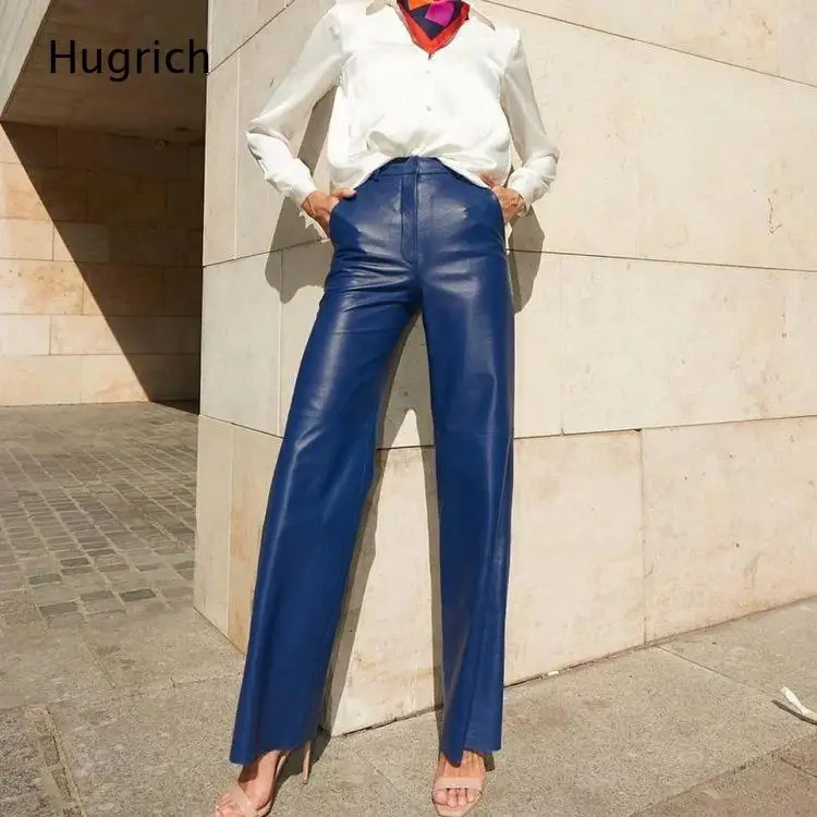 Women Black Faux Leather High Waist Straight Leg Pants Zip Fly Casual Wide Leg Pu Leather Trousers