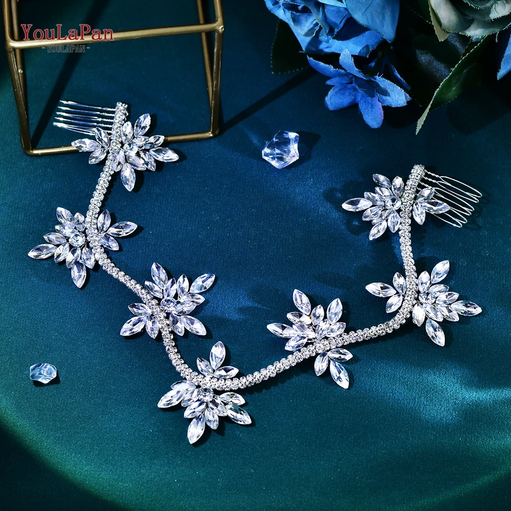 YouLaPan Crystal Flowers Hairpiece Bridal Wedding Hair Accessories Handmade Rhinestone Forehead Tiara Crown for Bride HP618