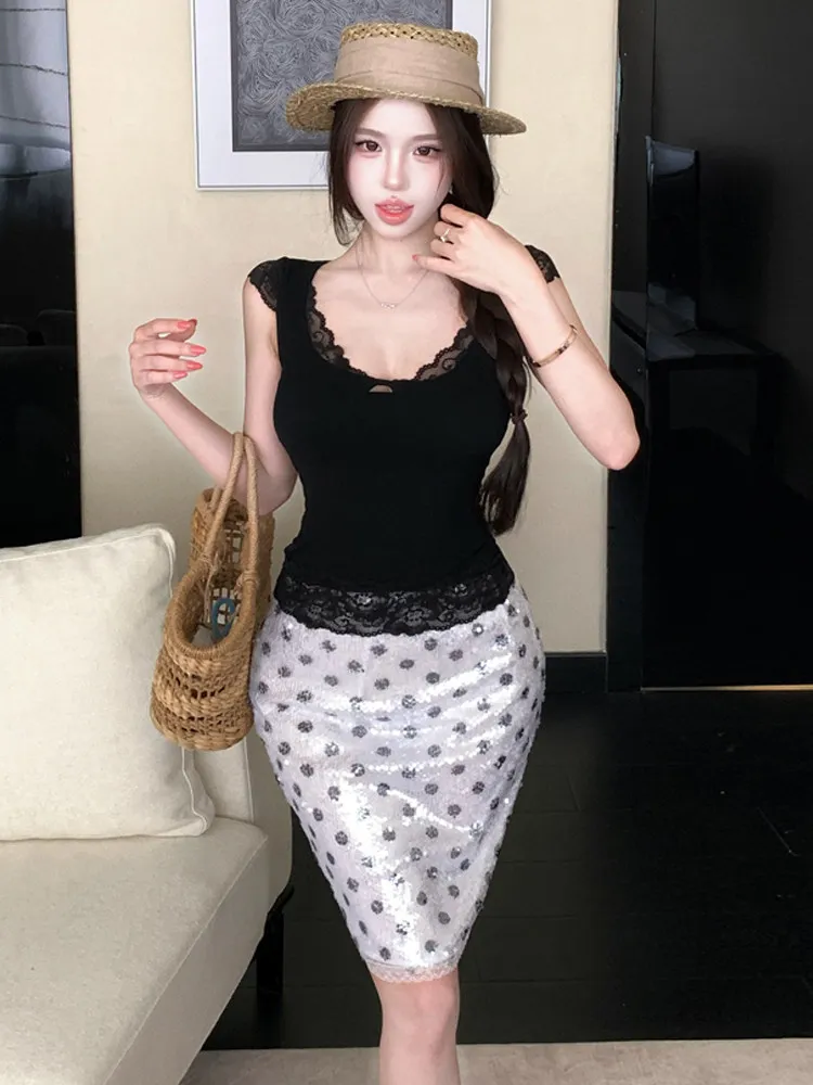 

Lace trim spicy girl sexy slimming tank top heavy industry sequin printed bag buttocks skirt summer elegant two piece set