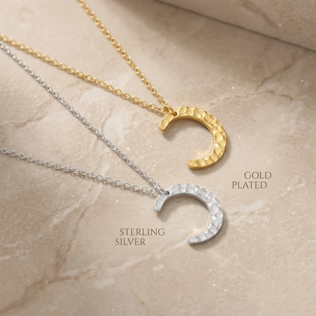 St-Delan Hammered Crescent Moon Pendant Necklace for Women Stainless Steel Dainty Minimalist Horn Choker Jewelry