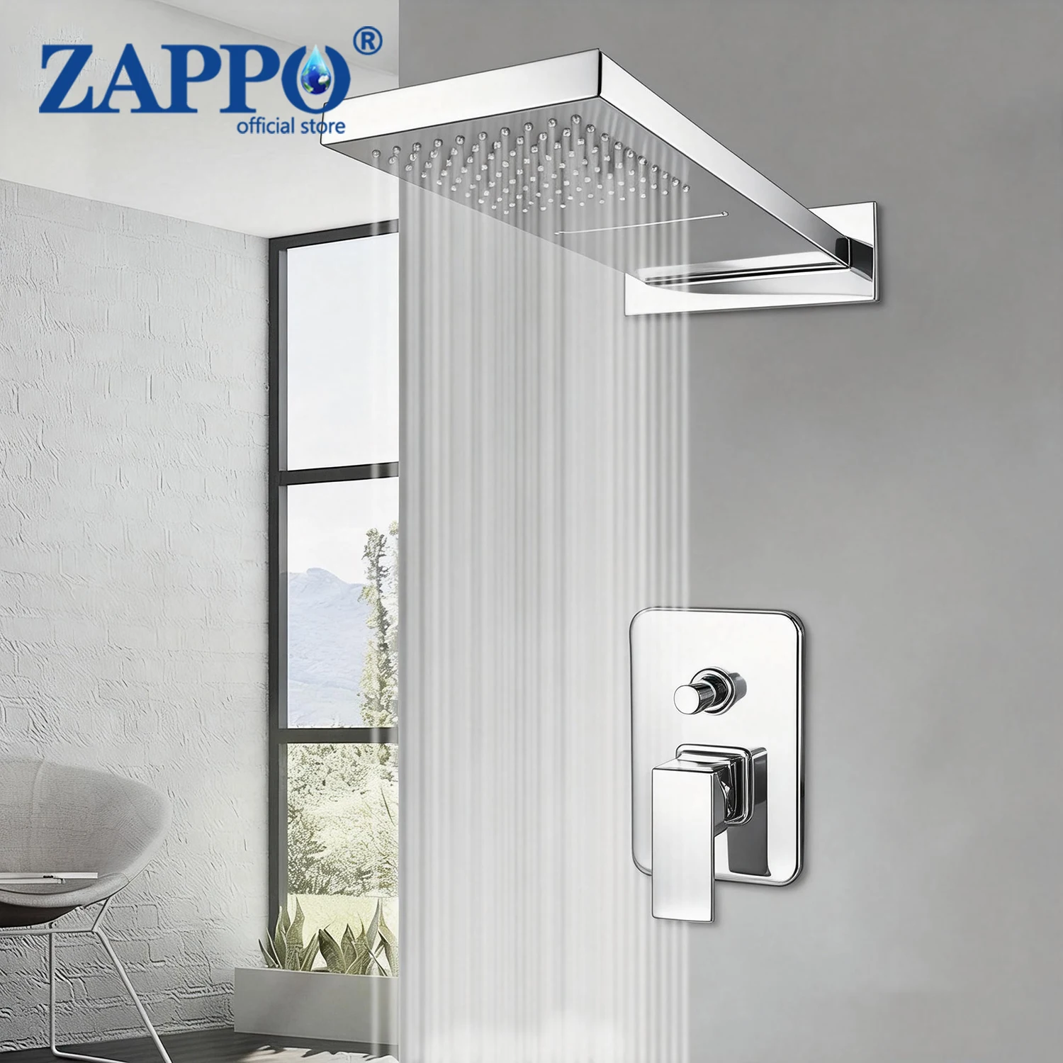 ZAPPO Concealed Shower System Polished Chrome 2-Function  Square Rainfall Shower Head with Mixer Tap Water Shower Heads