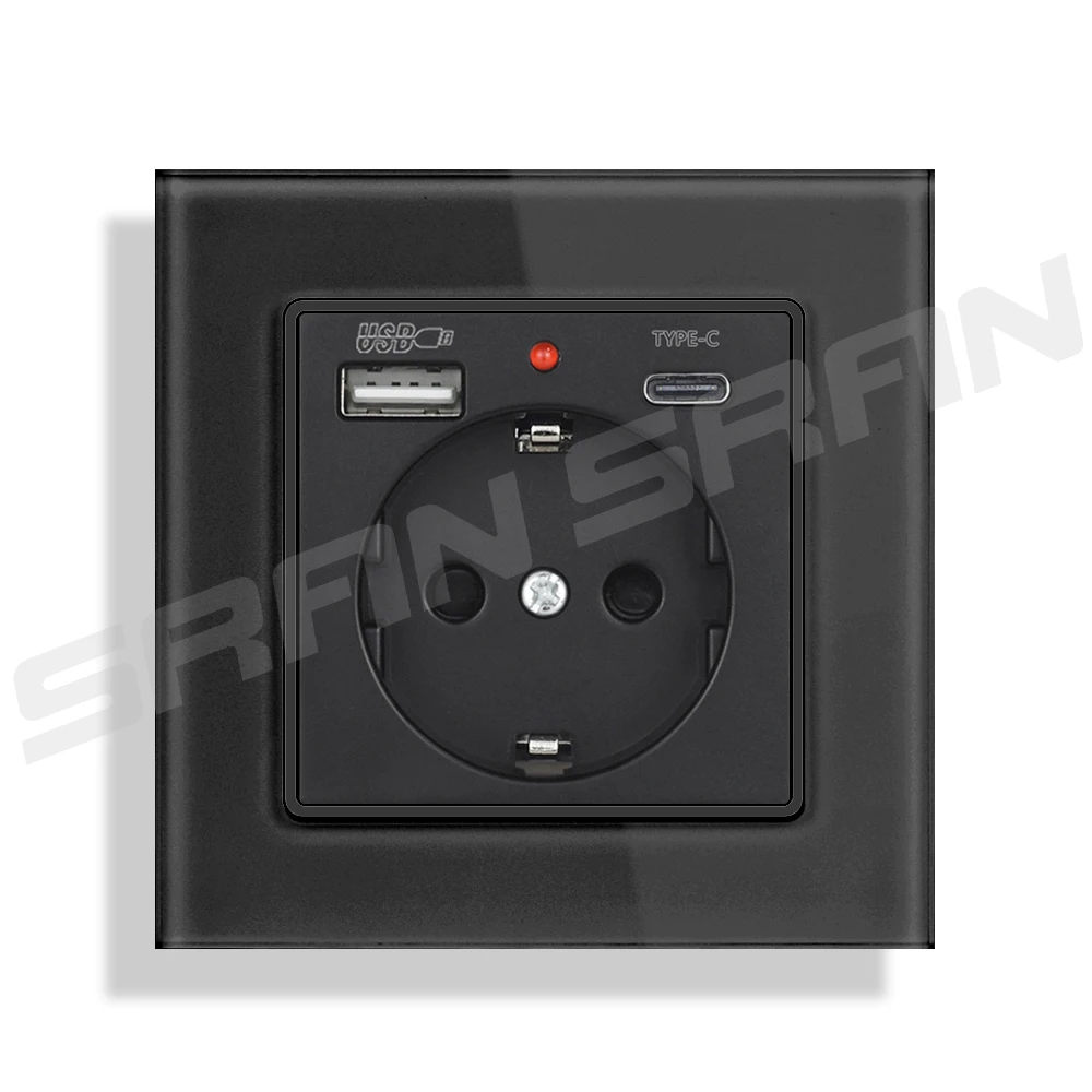 VISWE EU Usb wall socket Type-c 5V 2A European Standard 16A Electrical Socket USB plug 82*82mm Tempered Glass Panel