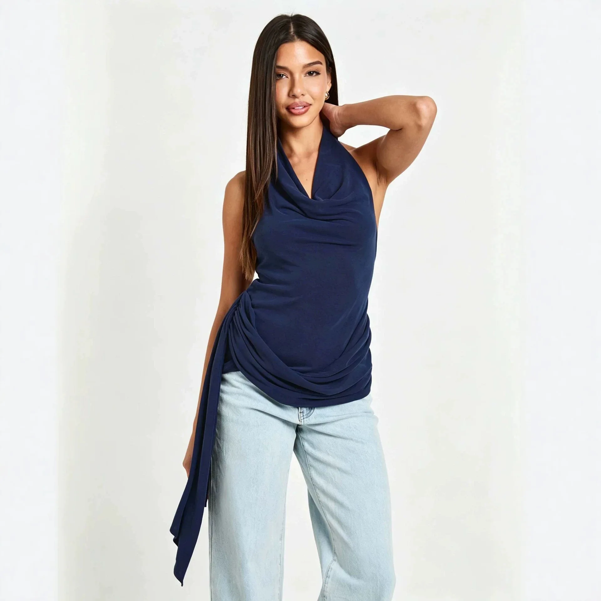 Women Summer Backless Halter Top Sleeveless Side Tie Ruched Waist Slim Fit Tank Top