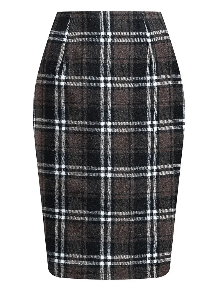 Autumn Winter Plaid Wool Knee-length Skirt For Women Woolen Checked Vintage Office Ladies High Waist Pencil Bodycon Skirt