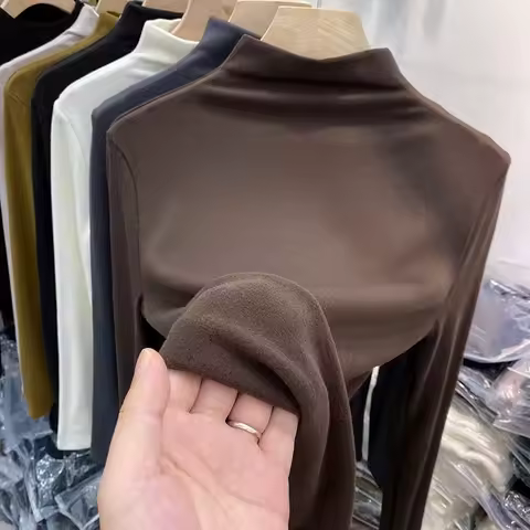 Slim fit gola alta térmica base feminina plus size camisa outono inverno interior usar velo forrado engrossado topos tamanho grande camiseta