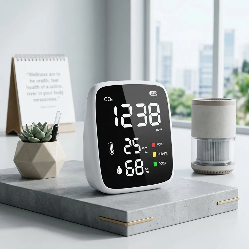 Infrared 4-in-1 Air Monitor for Temperature Humidity and AQI Tracking in Homes Offices and Remodeled Interiors