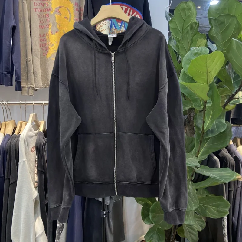 Jaqueta com Capuz Retro Americana Lavada com Zíper para Homens e Mulheres, Top Casual Solto, Moletom de Algodão da Moda para ...
