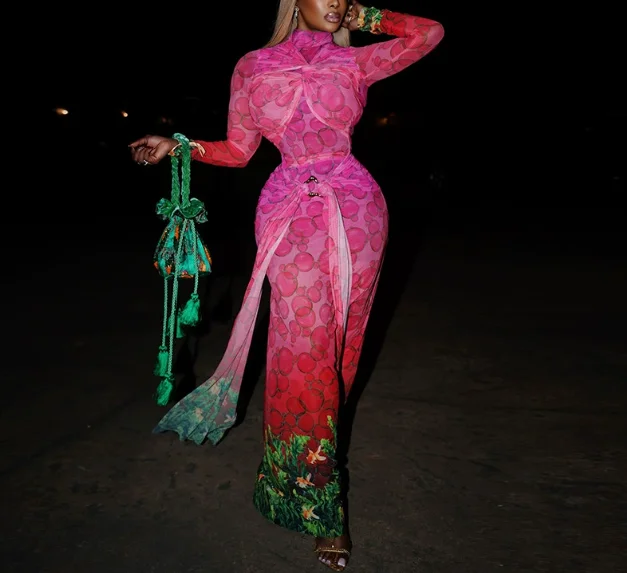 

Retro Socialite Women's Printed Color Blocked Slim Fit Dress with Hip Hugging Skirt, High Neck Strap Waist Cinching Dress