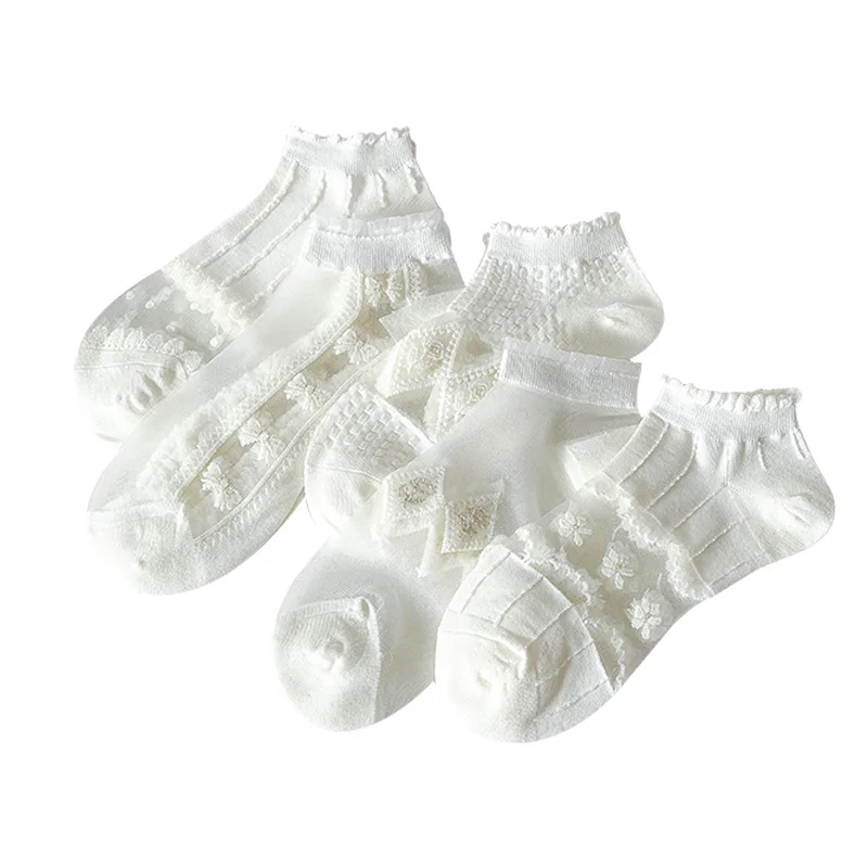 5 Pairs Summer Women White Glass Silk Breathable Sexy Transparent Socks Low Tube Thin Bubble Short Socks