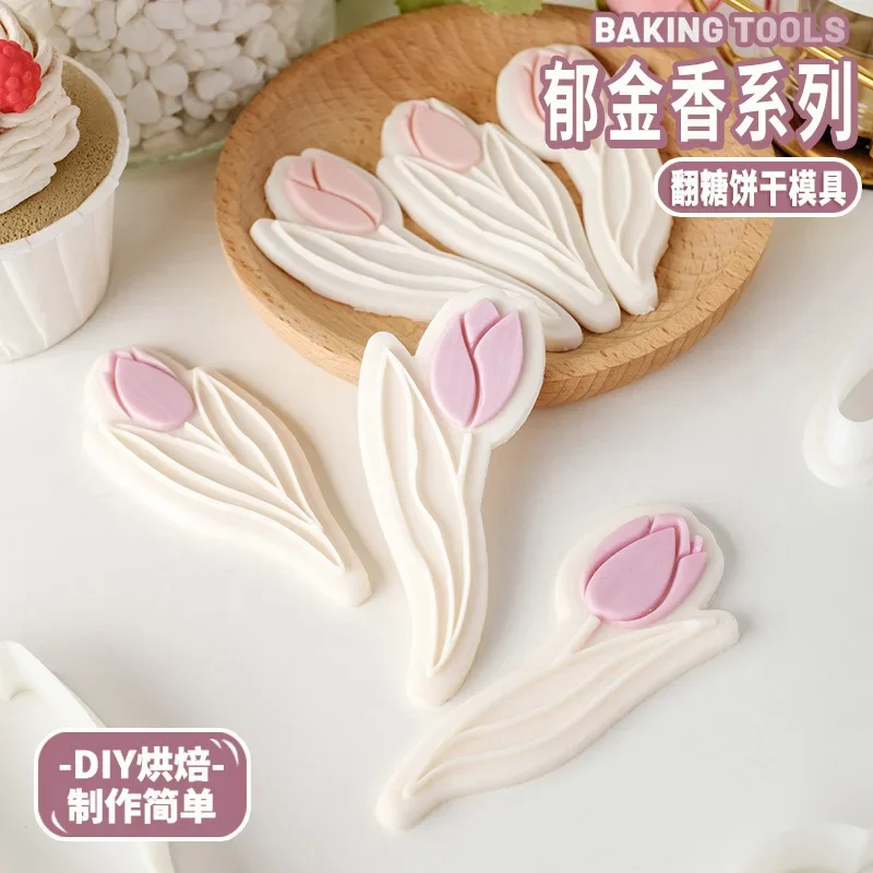 Tulip Flower Fondant Biscuit Mold Mom Birthday Flower Cookie Press Stamp DIY 3D Happy Mothers Day Dessert Pastry Craft Form 2023