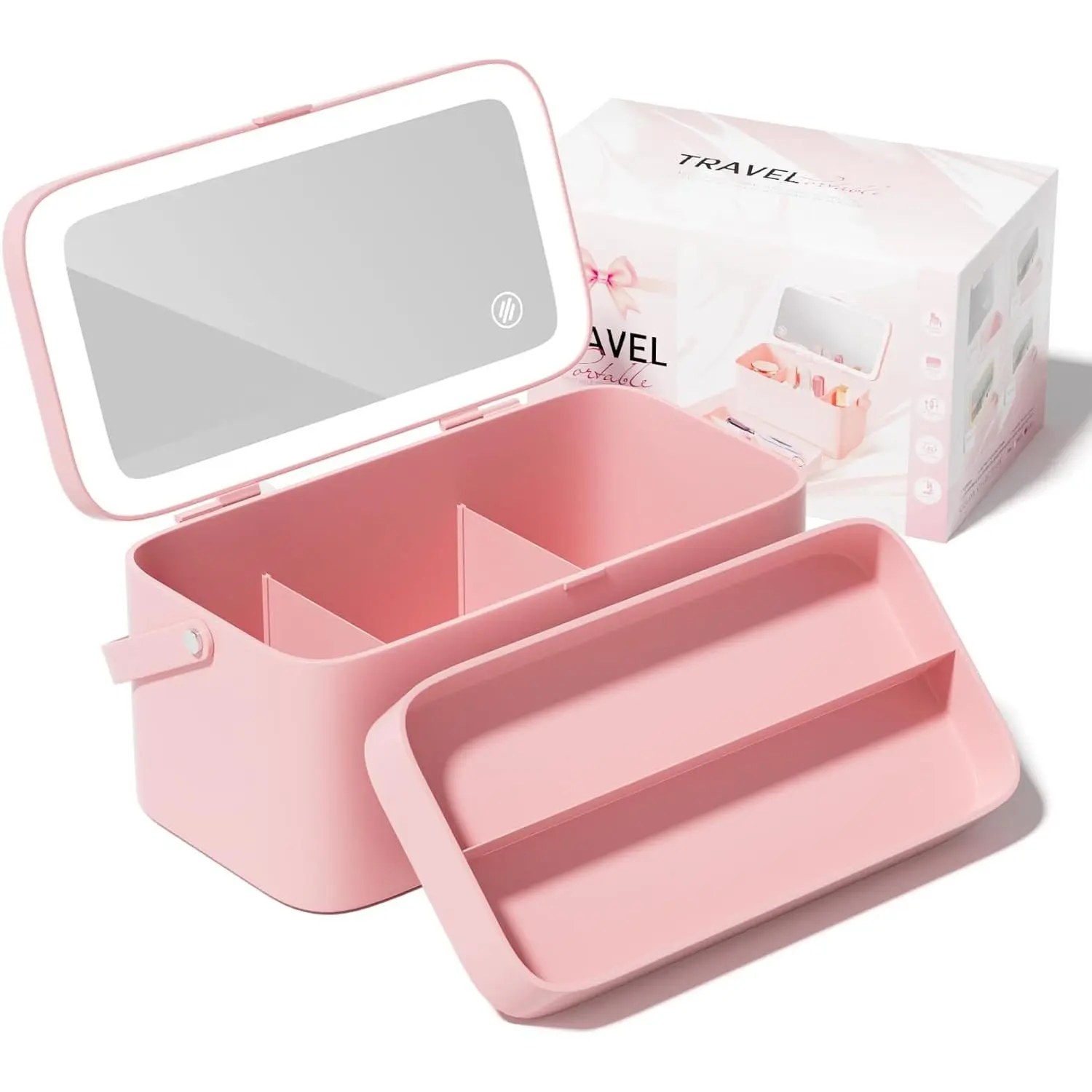 ミラー付きメイクアップケース 3色照明付きメイクアップミラー ミラー付きメイクアップボックス DIYパーティション コンパートメント付き充電式