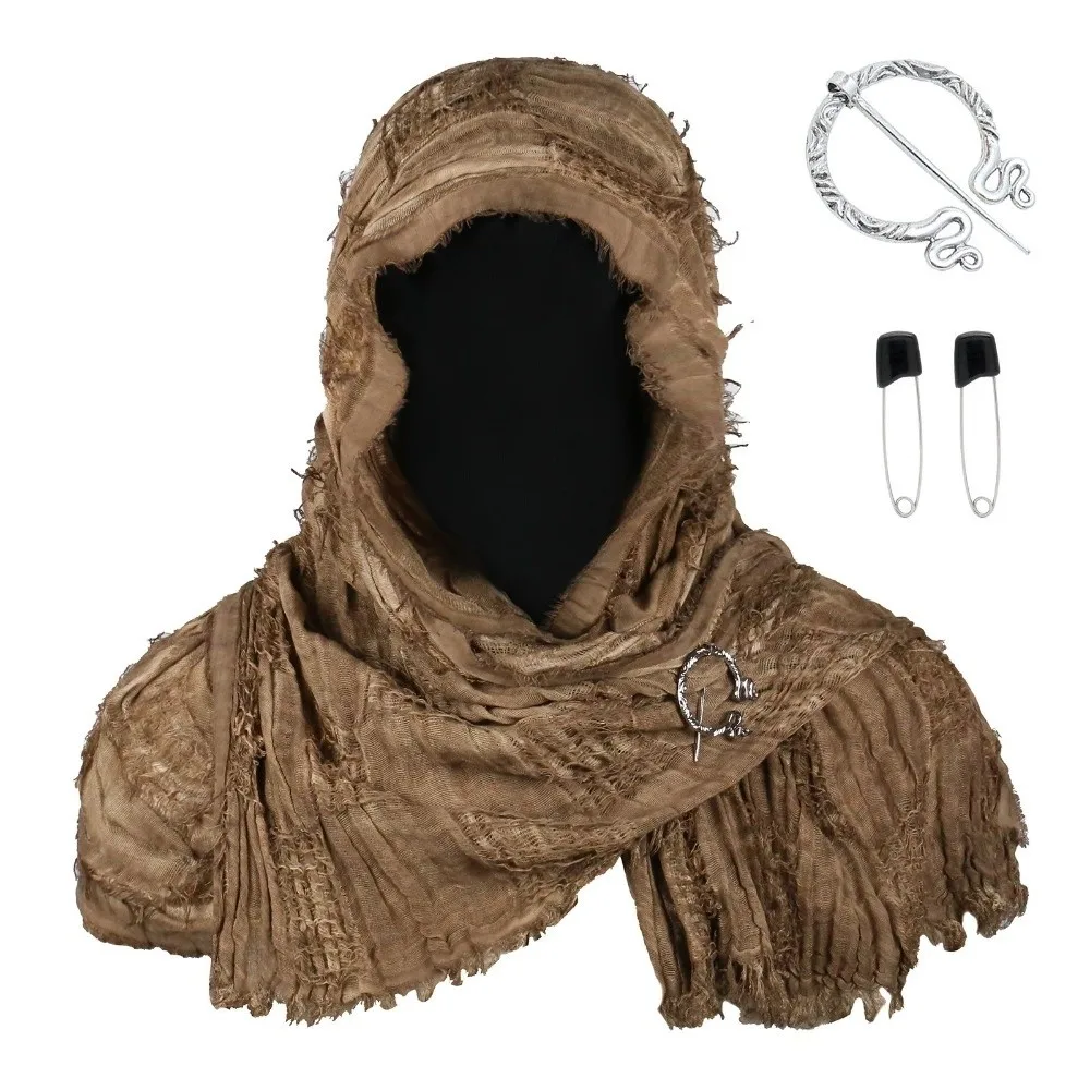 Gothic Distressed Hooded Scarf Metal Brooch Polyester Halloween Viking Cosplay Wrap Adjustable Long Medieval Shawl Party