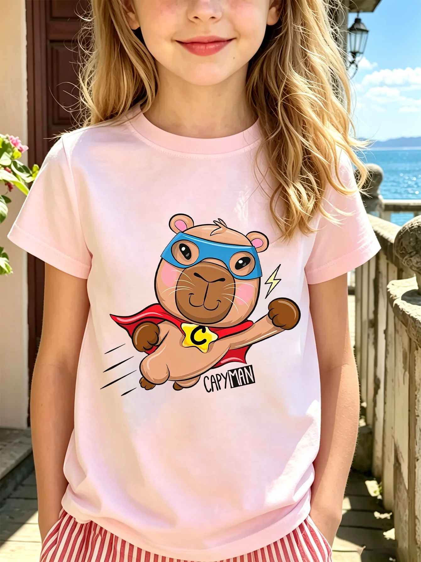 Superhero Capybara Kids Capyman Lightning Cartoon Graphic Print Boys Girls Family Matching Cotton Short Sleeve Children Tshirt