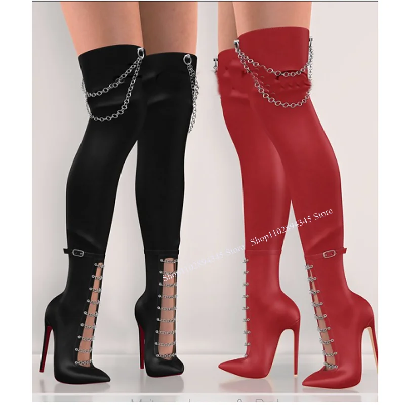 

Black Chain Hollow Over Knee Boots Pointed Toe Thin High Heel Fashion Sexy 2024 Winter Big Size Woman Shoes Zapatillas Mujer