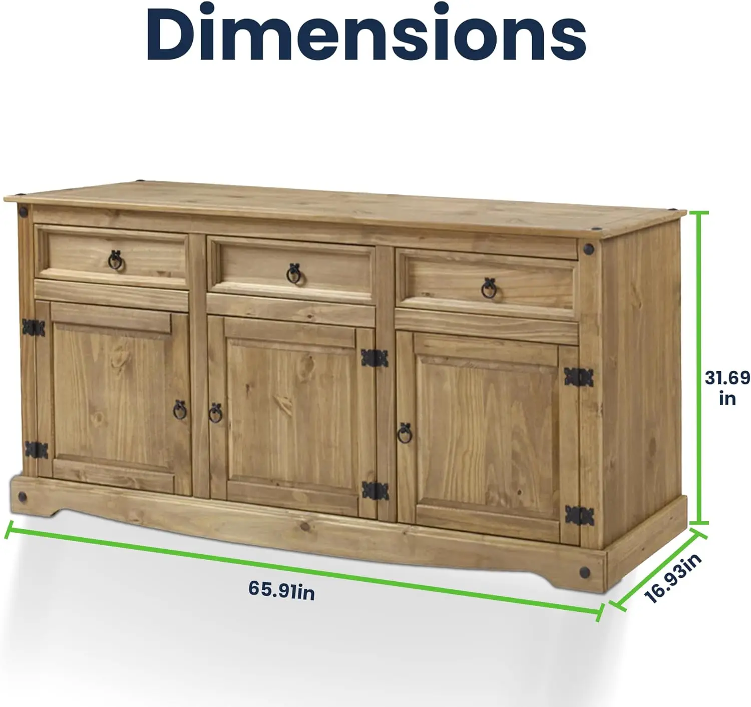 Armoires de rangement de cuisine, armoire avec rangements, bar Planches et buffet en bois massif 65.9 "W, 16.9" D, 31.6 "H