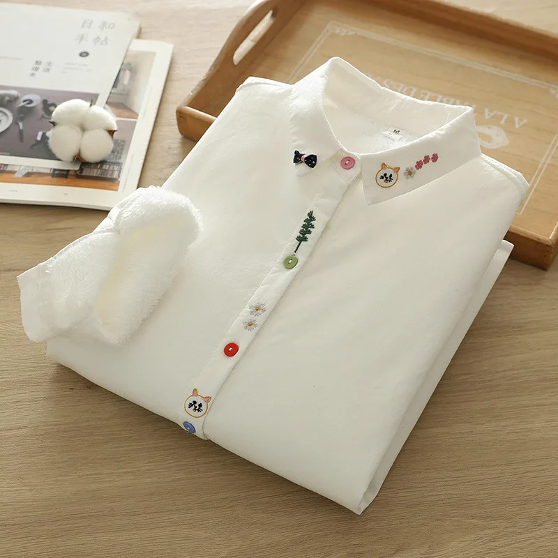 

[Готовый запас] Высококачественная женская блузка из 100% хлопчатобумажной пряжи, рубашка с вышитыми лацканами, теплая белая рубашка, топы, рубашки