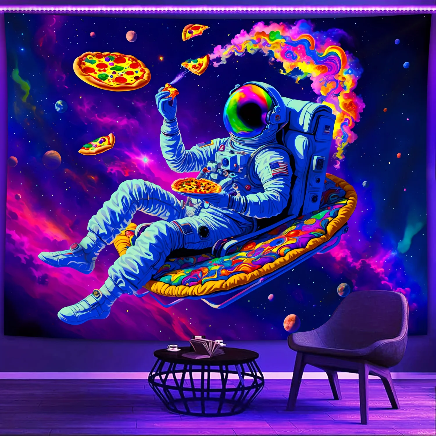 VIKAMA Space Pizza Wandteppich, lebendiges Nebel-Astronauten-Design für Wohnzimmer, Spielzimmer und Science-Fi-Themen-Dekoration