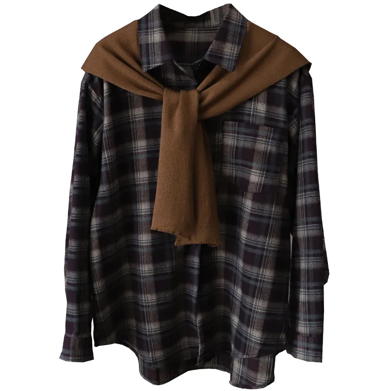 Faionable gola de furador de malha xadrez Floing Long Sve irt feminino outono inverno novo Sle versátil comprimento médio irt...