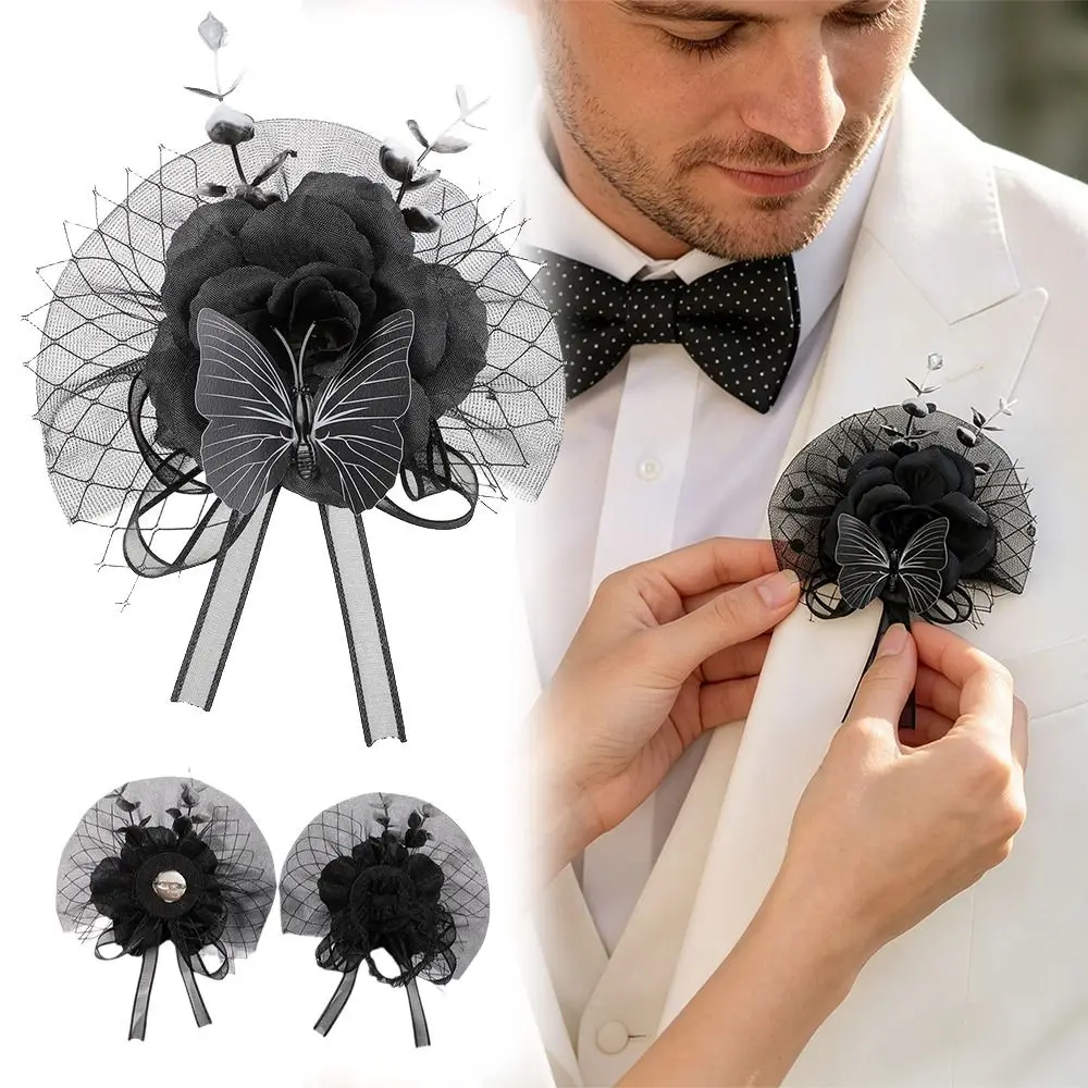 New Fabric Flower Rose Corsage Tulle Mesh Black Color Flower Brooch Ribbon Wearable Design Costume Corsage Butterfly Decor