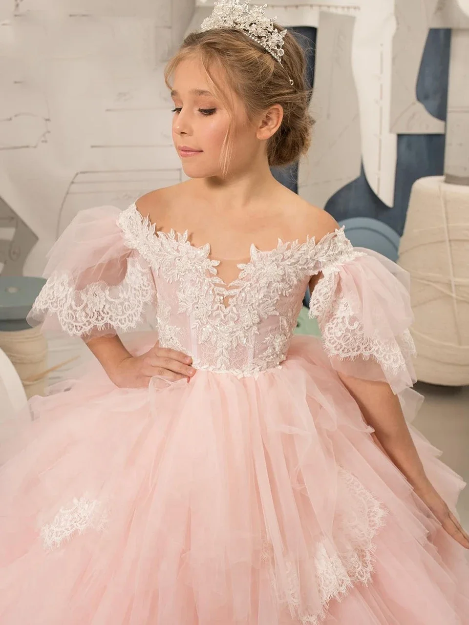 Pink Princess Dress Puffy Sleeves Flower Girl Dresses for Wedding Robe A-Line First Communion Dress Custom Pageant Party Gowns