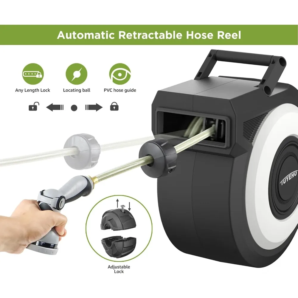 Gulungan Selang Taman Retraktil 5/8 x 90 kaki, Gulungan Selang Air yang Dipasang di Dinding dengan Sistem Penggulung Otomatis, Selang Luar Ruangan