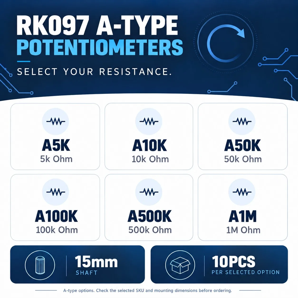 10PCS RK097 Precision Potentiometer Vertical Single Link Shank L=15mm A5K A10K A50K A100K A500K A1M